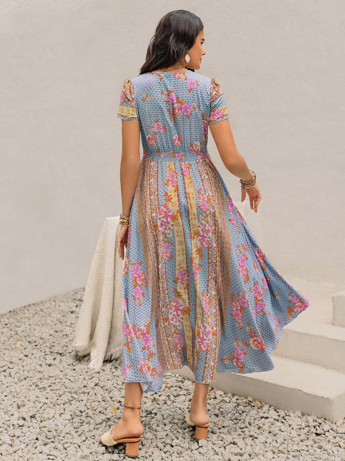 smocked short sleeve midi dress Wholesale MOQ6 Smocked Floral V-Neck Short Sleeve Midi Dress