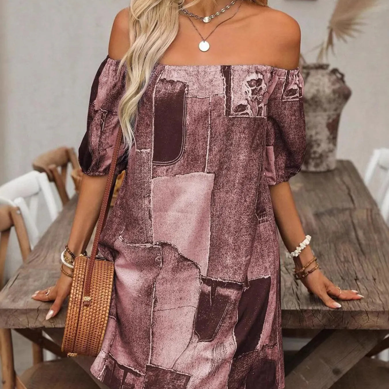 patchwork off shoulder pleated mini dress Prettiest new patchwork-print mini dress from @shopdoen's second spring drop out today! Everything is so good. (My pale legs need some springtime ) Also swipe to see the dress's easy silhouette, AND