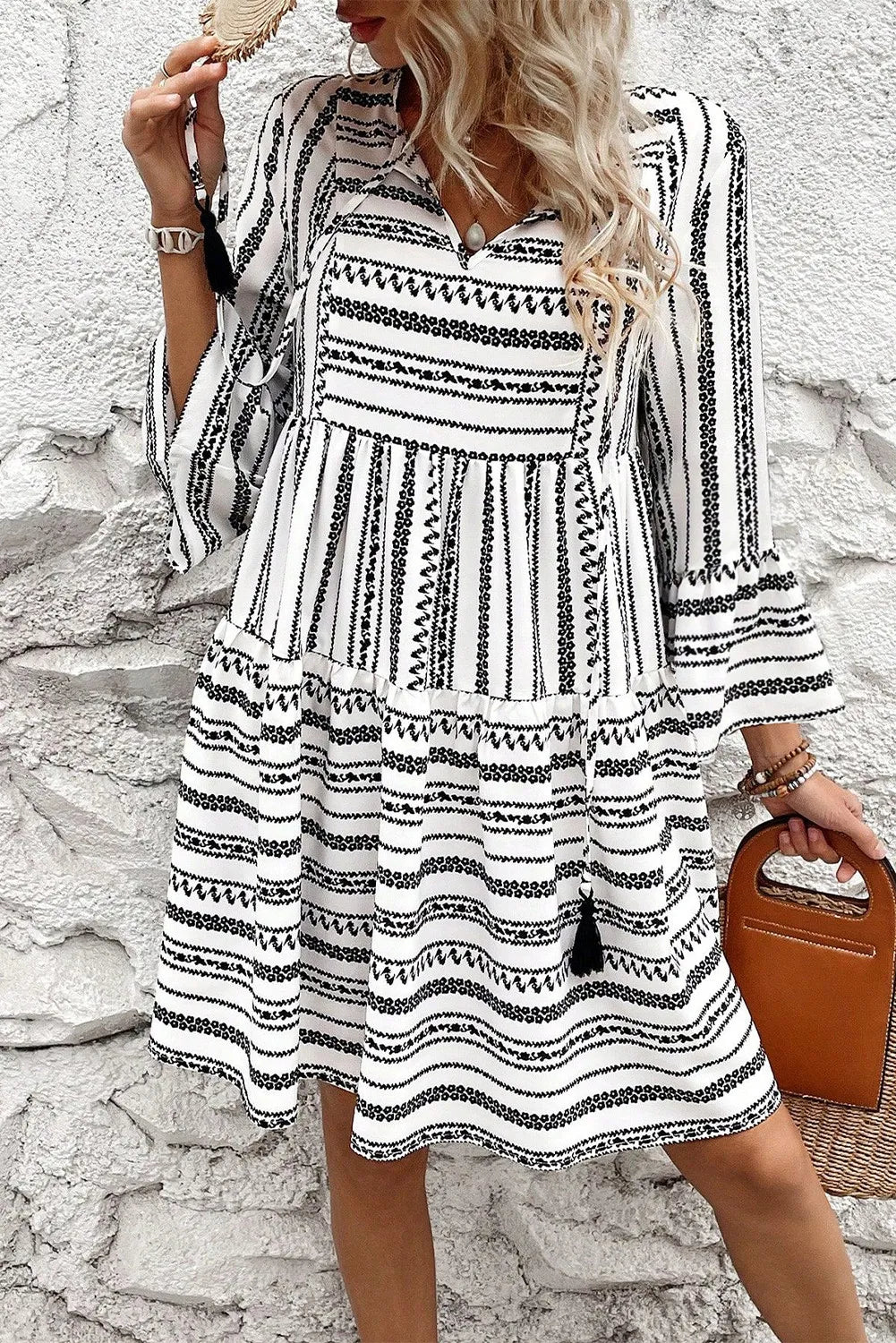 Printed Tie Neck Three-Quarter Sleeve Mini Dress - Charming Charlie