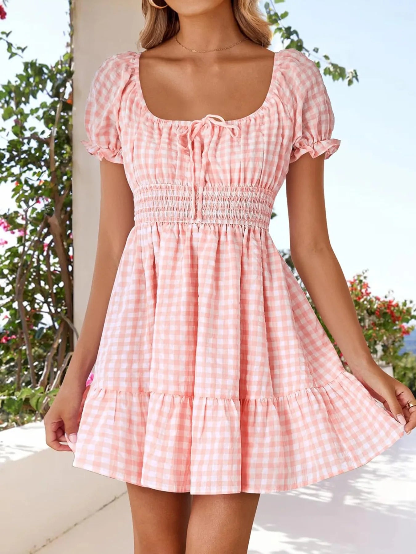 Gingham Smocked Puff Sleeve Summer Dress Black / L Gingham Smocked Puff Sleeve Summer Dress Black / L