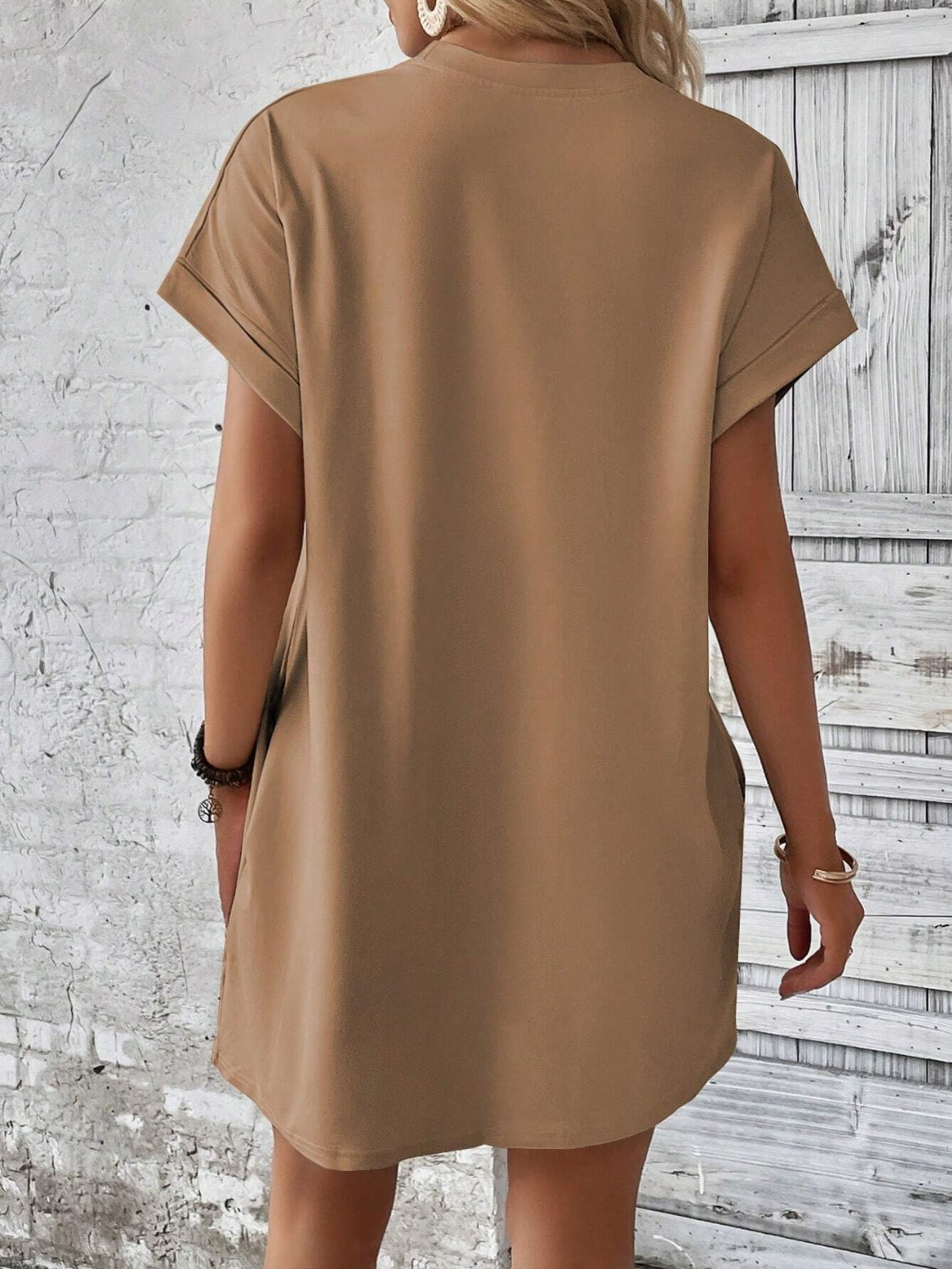 Round Neck Short Sleeve Mini Dress Camel / 2XL Round Neck Short Sleeve Mini Dress Camel / 2XL
