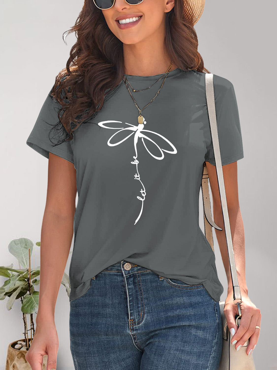 Dragonfly Graphic Round Neck Short Sleeve T-Shirt - Charming Charlie