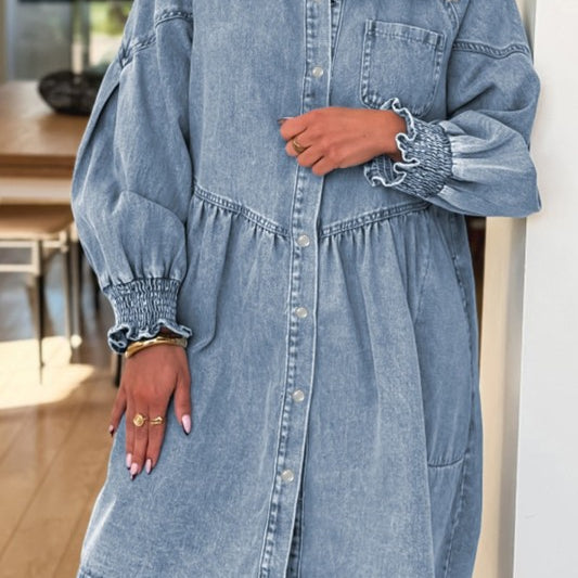 Denim Smocked Cuffs Shirt Mini Dress – Charming Charlie Denim Smocked Cuffs Shirt Mini Dress – Charming Charlie
