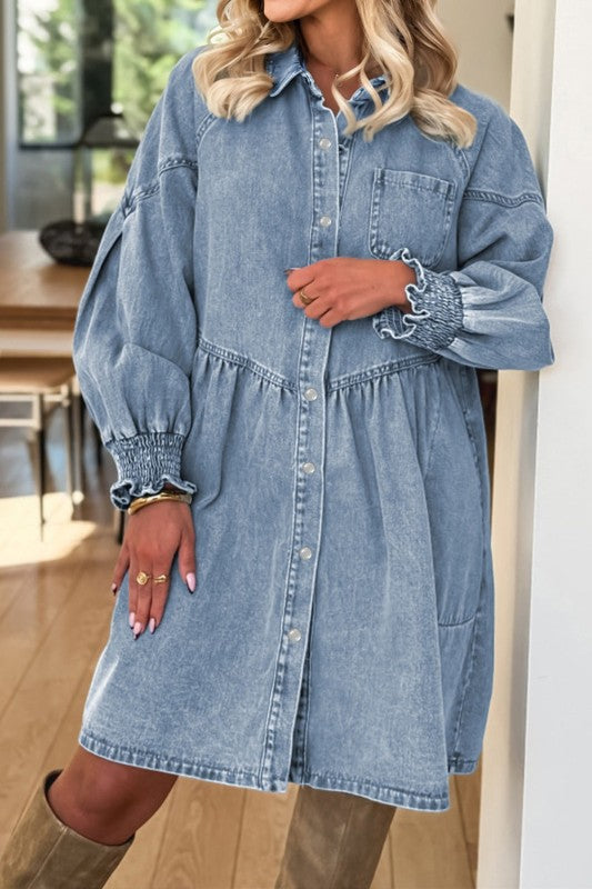 Denim Smocked Cuffs Shirt Mini Dress Beau Blue / L Denim Smocked Cuffs Shirt Mini Dress Beau Blue / L