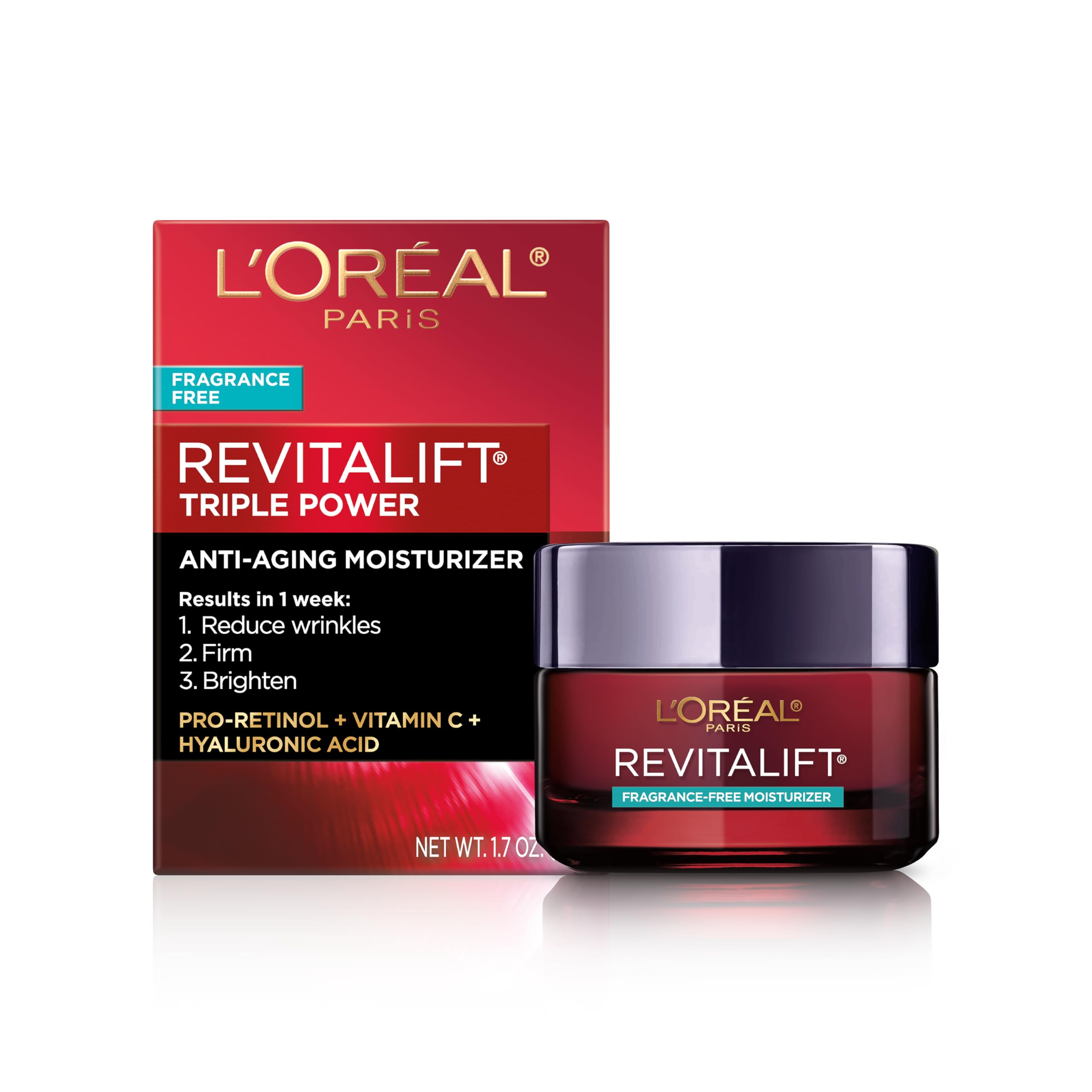 Loreal Paris revitaliftface creamfacereduce wrinkles, firm and brighten skincreambottlehyaluronic acid and vitamin cfragrance free - Charming Charlie