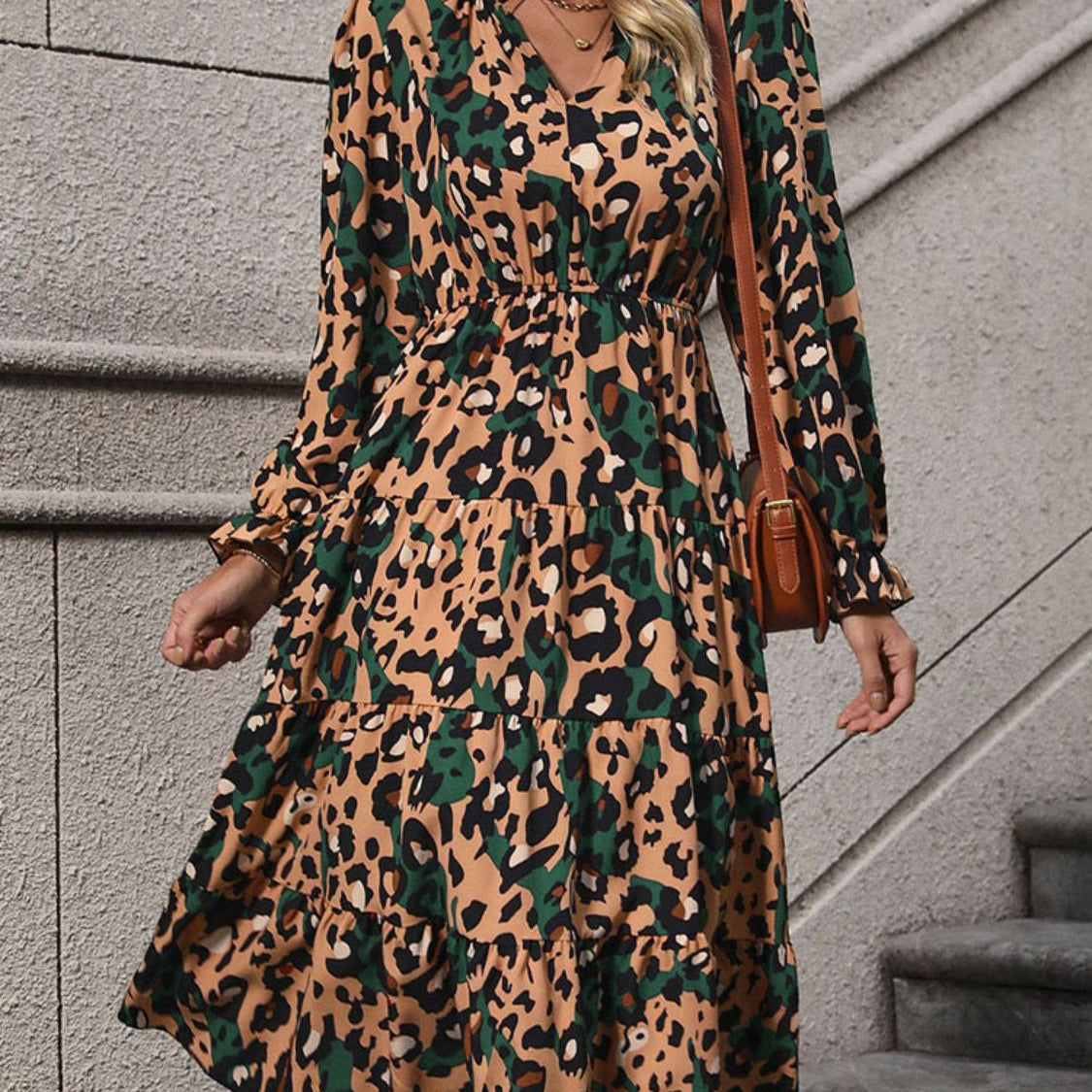 Leopard Notched Flounce Sleeve Midi Dress Camel / S Leopard Notched Flounce Sleeve Midi Dress Camel / S