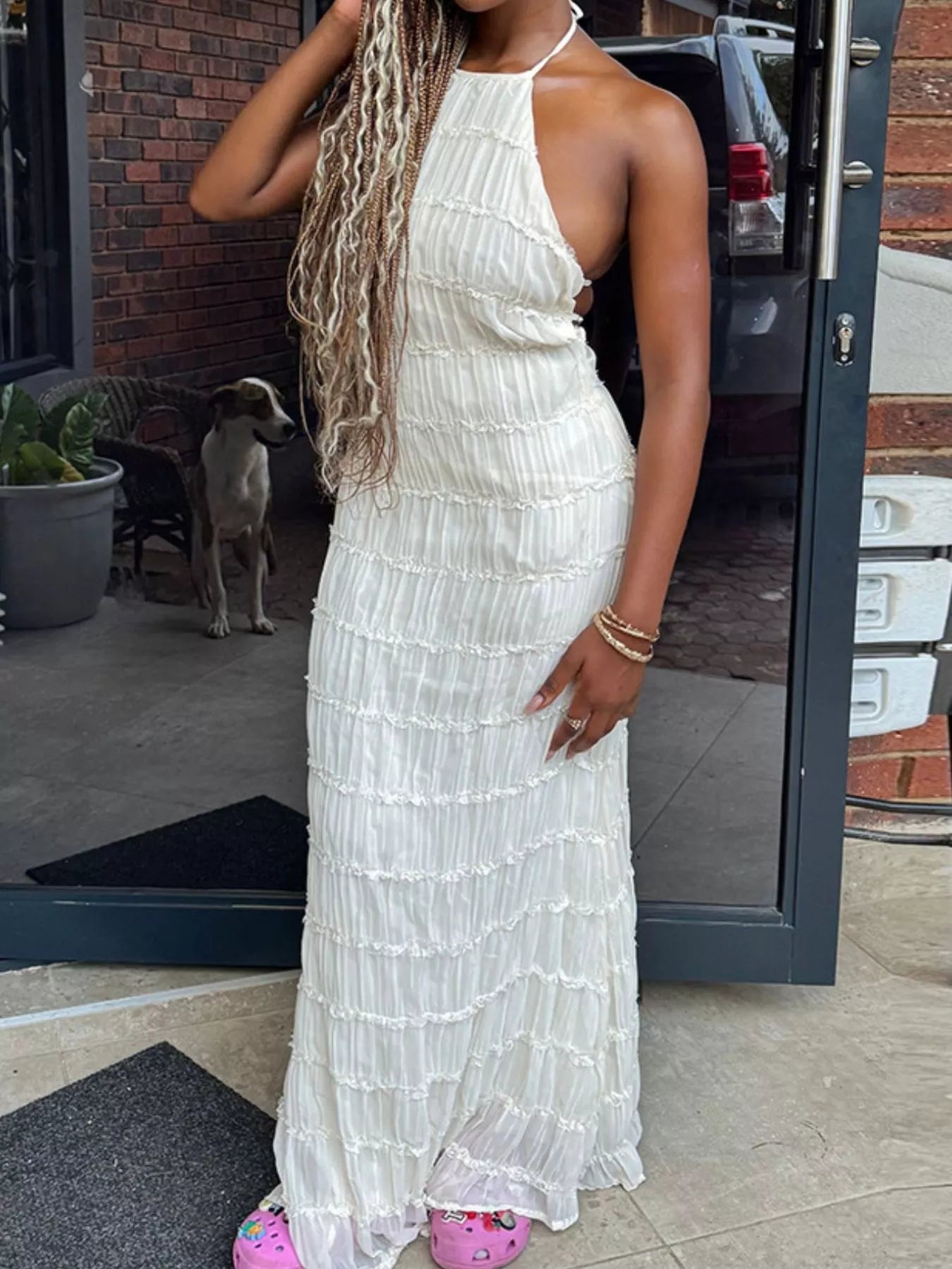 knee length dresses for ladies White Halter Crisscross Cut Out Drape Ruched Slit Dress main image 0