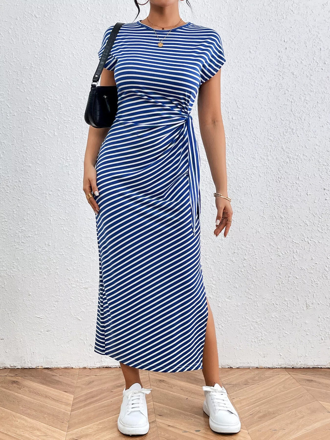 Striped Tie Side Casual Midi Dress Blue / XL