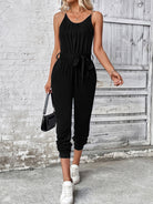 Scoop Neck Tie Waist Jumpsuit - Charming Charlie