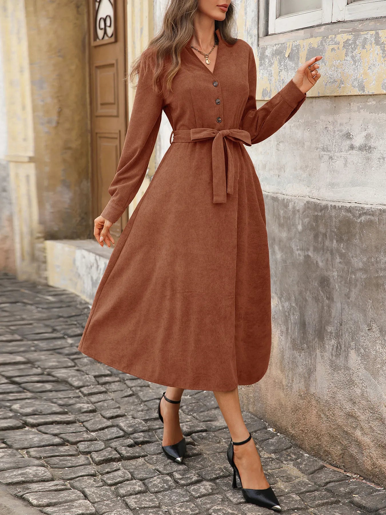 Long Sleeve Button Front Belted Midi Dress Brown / L Long Sleeve Button Front Belted Midi Dress Brown / L