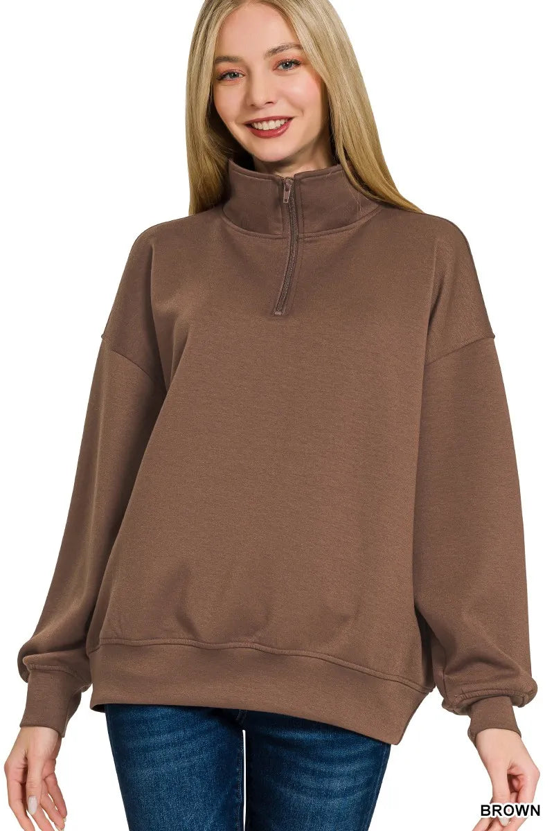 Zenana Stand Out Half Zip Fleece Sweatshirt with kangaroo Pocket in Brown