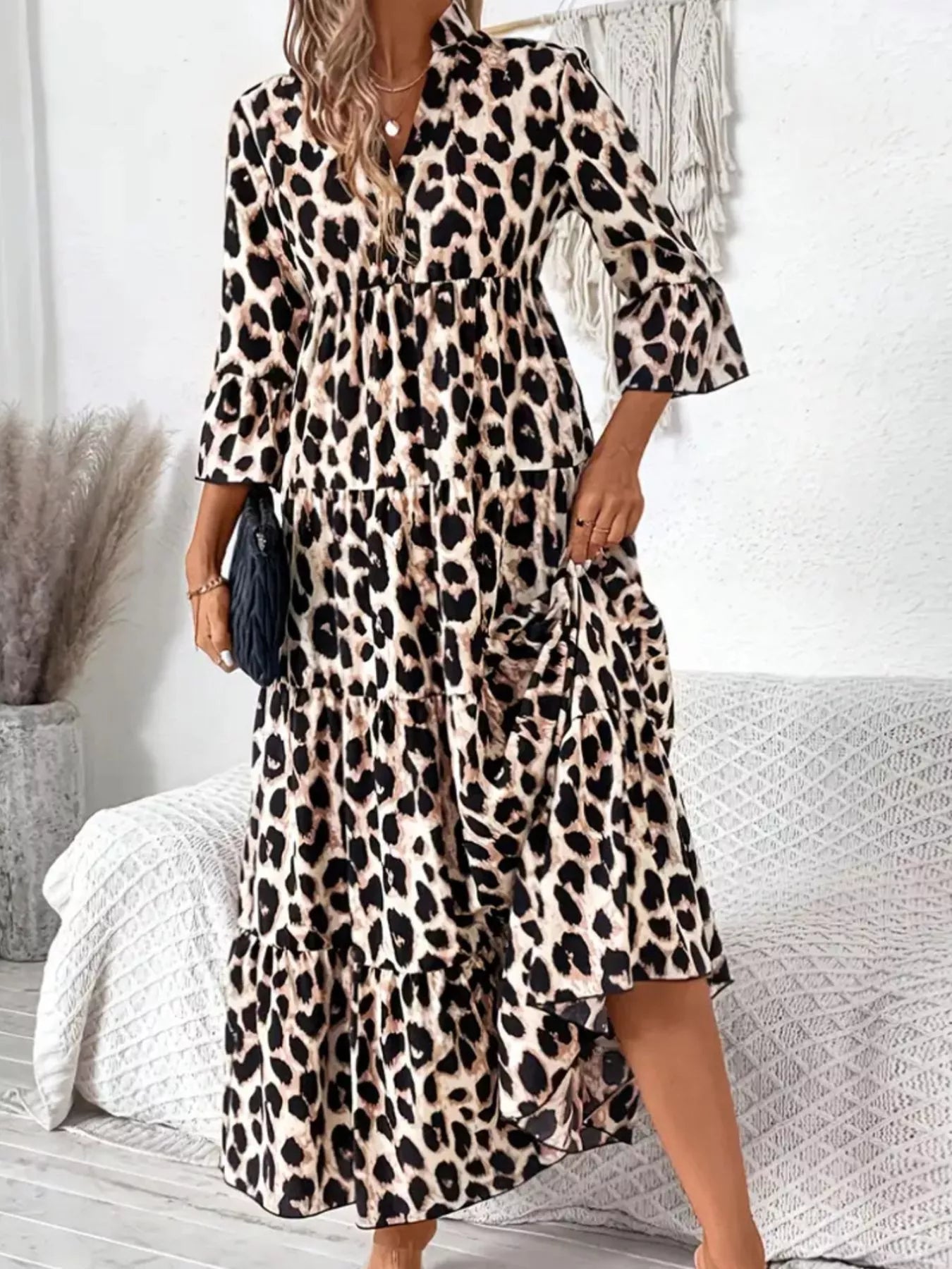 black and white animal print midi dress Leopard 3/4 Sleeve Midi Dress Tan / S