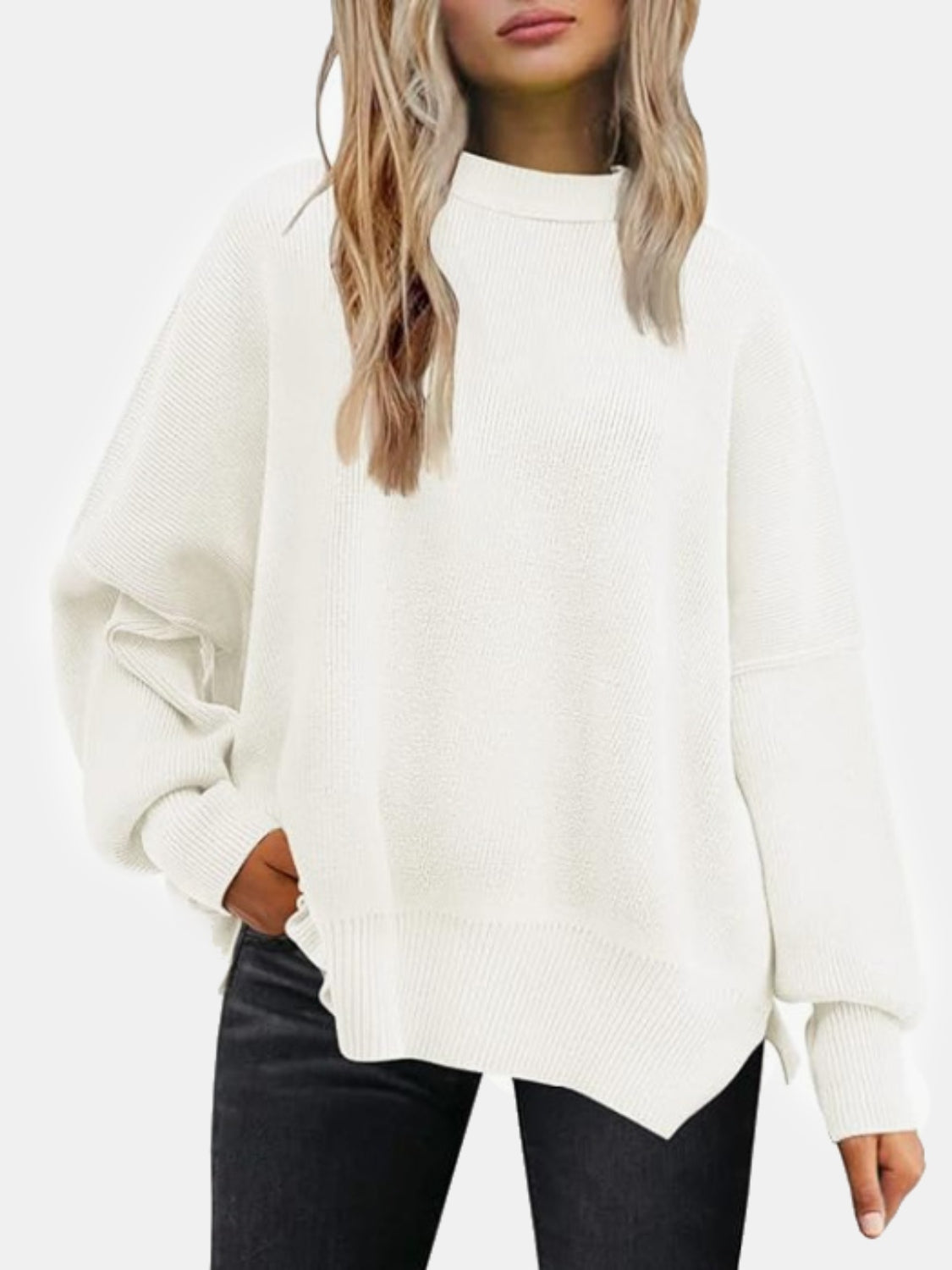 Round Neck Drop Shoulder Slit Sweater - Charming Charlie