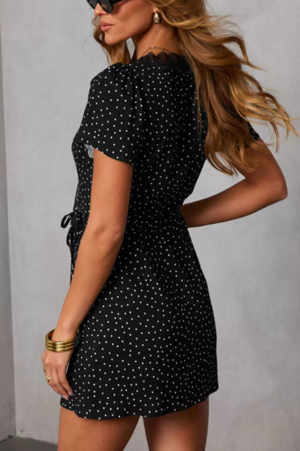 Polka Dot Print Lace Trim Wrap Mini Dress  Charming Charlie