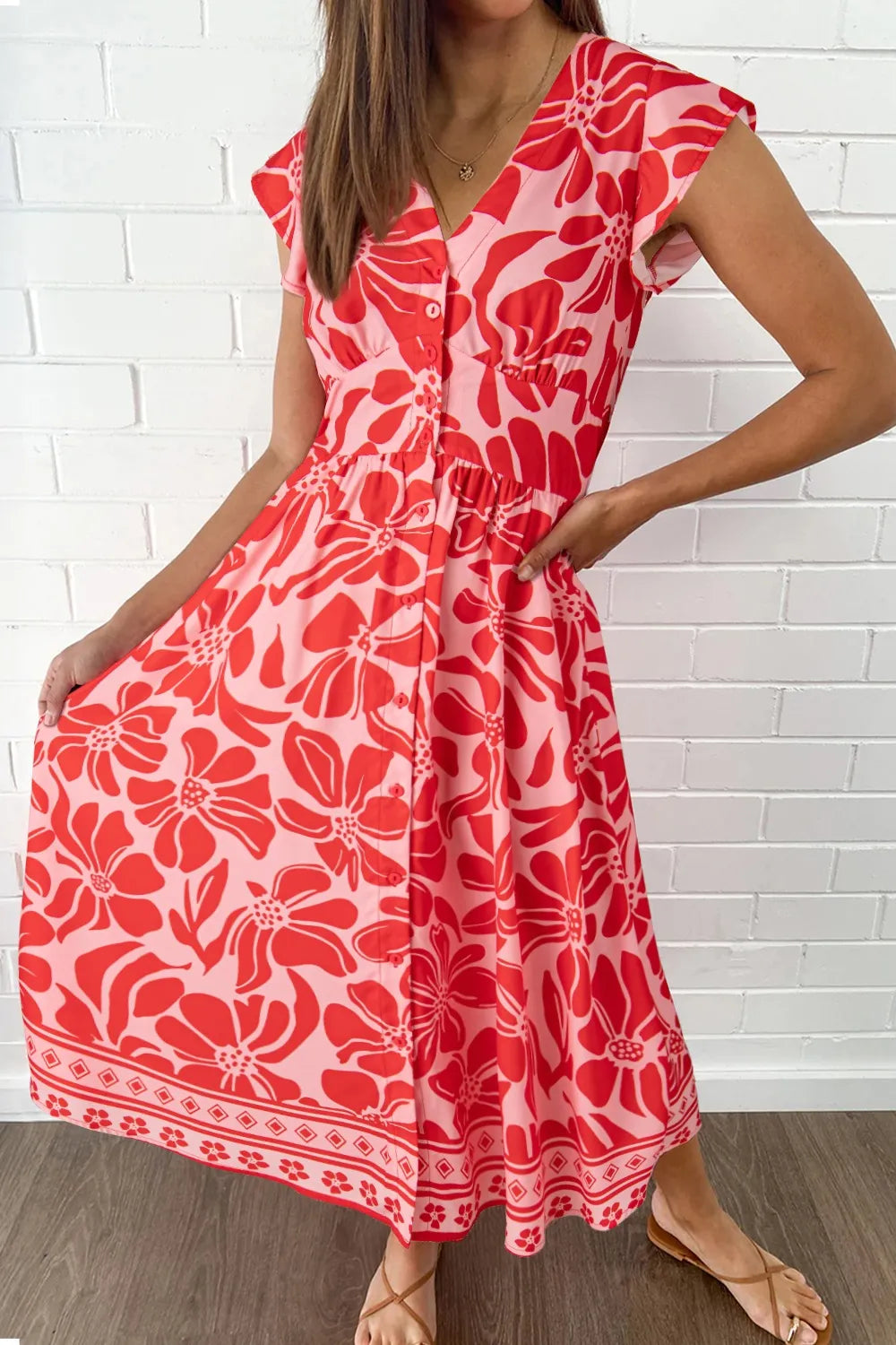 floral midi dress v neck Floral Ruffled V-Neck Midi Dress with Button Front Coral / XL