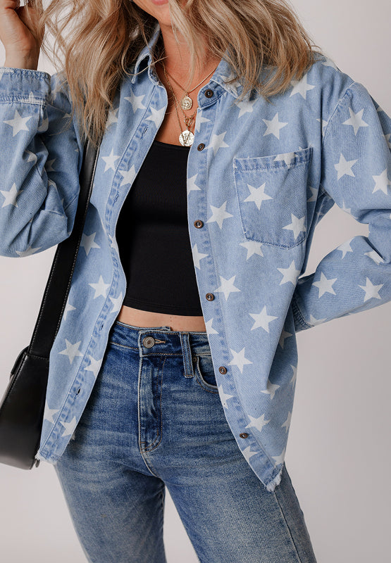 Raw Hem Star Collared Neck Denim Top - Charming Charlie