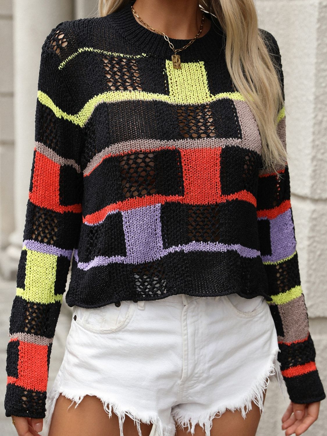 Openwork Color Block Round Neck Sweater - Charming Charlie
