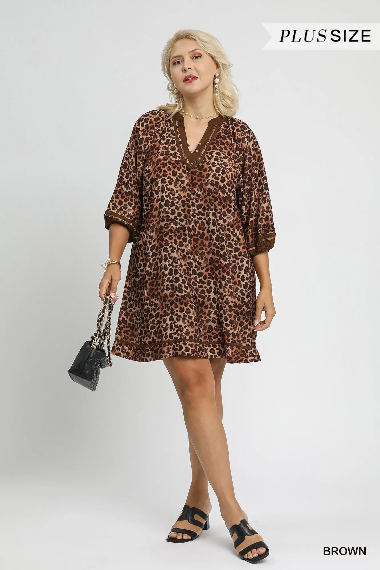 Umgee Full Size Leopard Print Mini Dress with Contrast Trim Plus Size Brown / 2XL