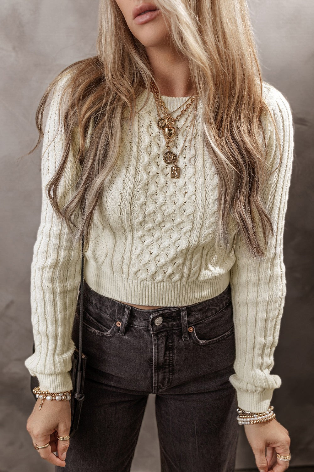 Cable-Knit Round Neck Long Sleeve Sweater - Charming Charlie