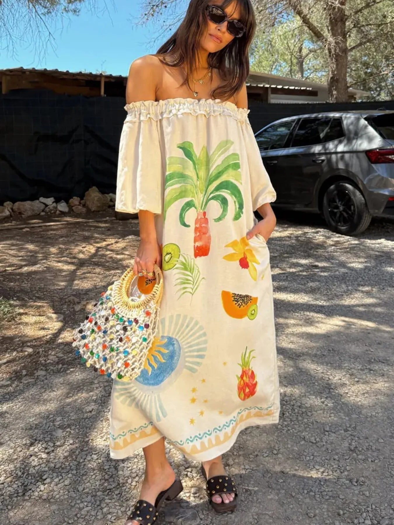 frilled off the shoulder dress Frill Printed Off-Shoulder Dress Color / 2XL