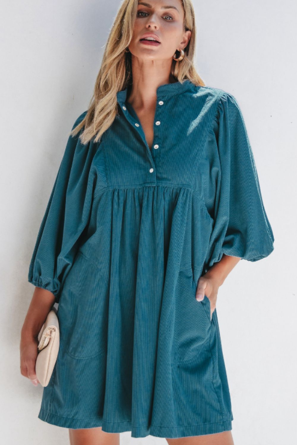 Corduroy Quarter Snap Three-Quarter Sleeve Dress - Charming Charlie