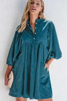 Corduroy Quarter Snap Three-Quarter Sleeve Dress - Charming Charlie
