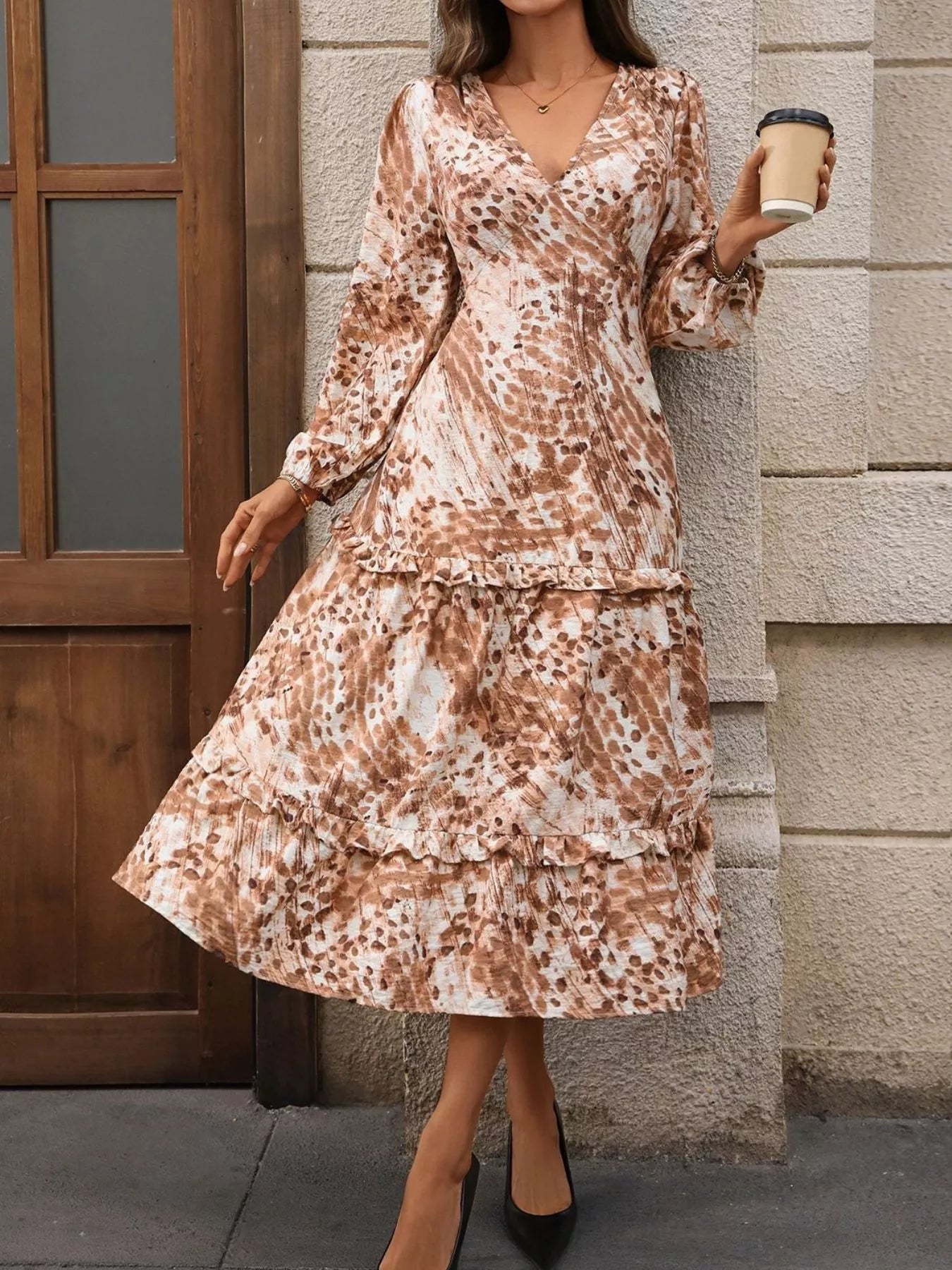 Ruffled V-Neck Balloon Sleeve Dress Khaki / XL