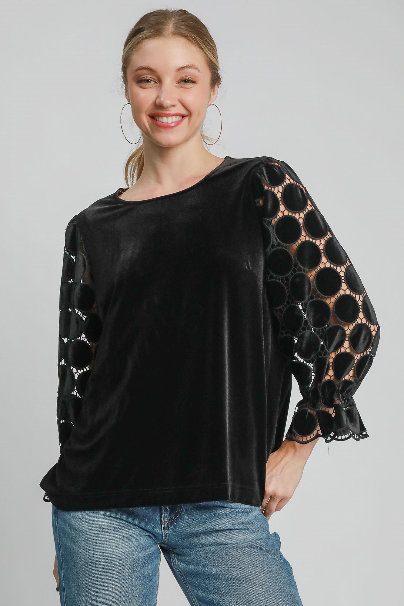 Umgee Polka Dot Lace Long Sleeve Round Neck Blouse - Charming Charlie