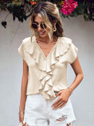 Ruffled V-Neck Short Sleeve Blouse - Charming Charlie