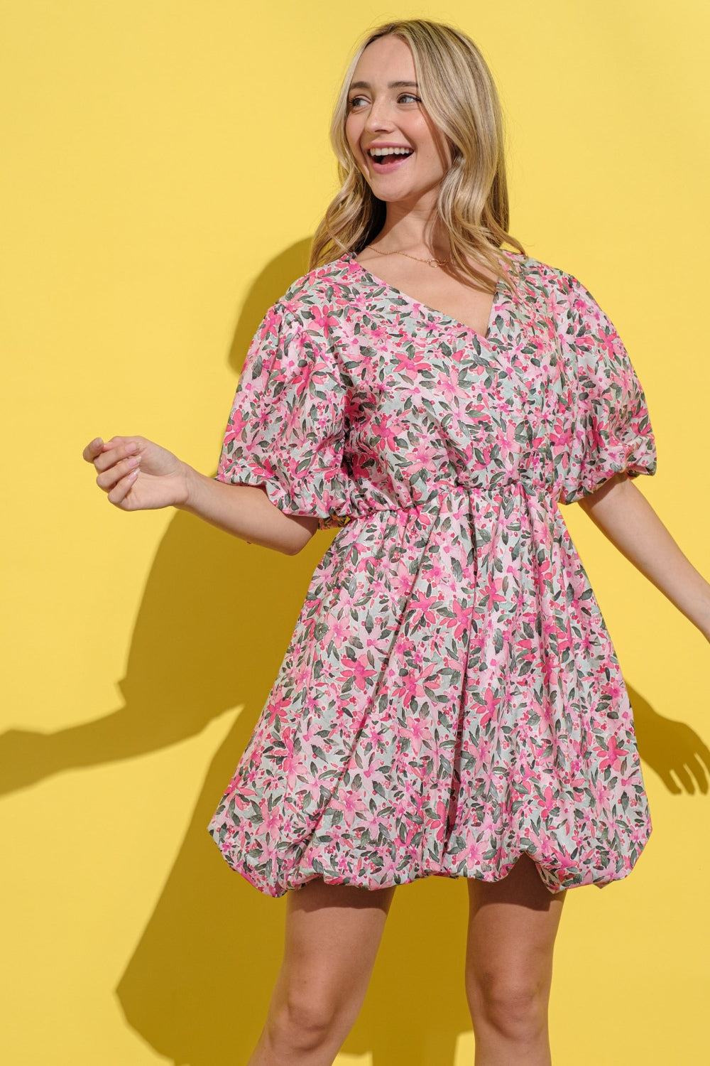 And The Why Full Size Floral Surplice Puff Sleeve Dress - Charming Charlie