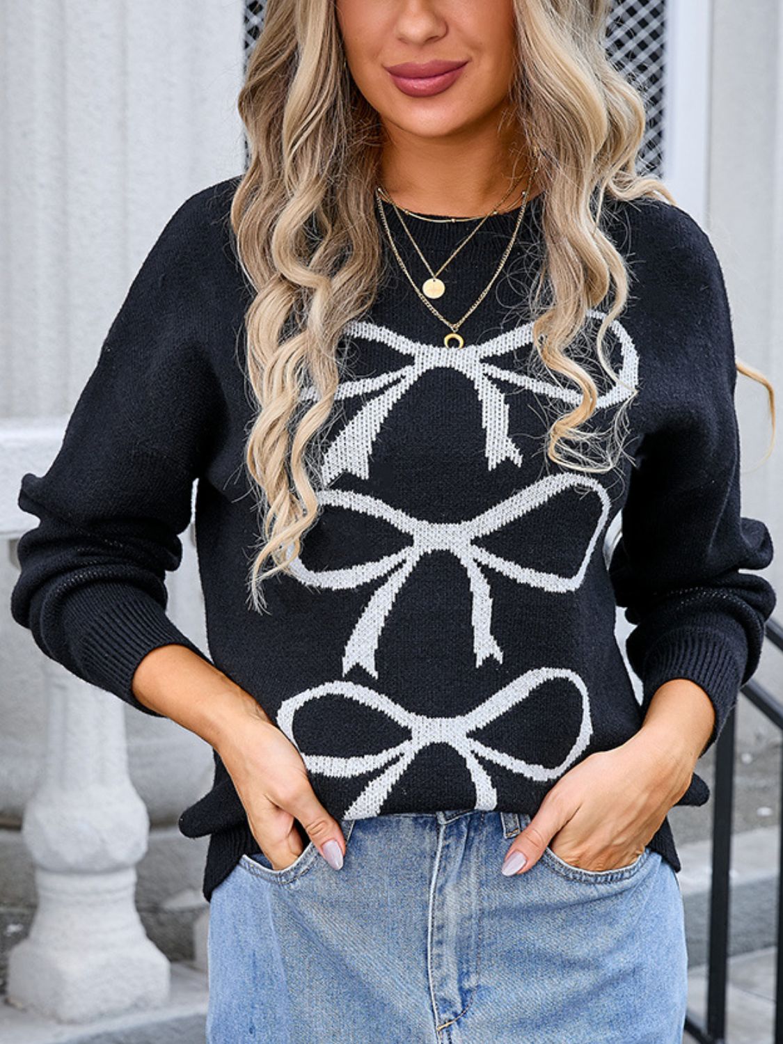 Bow Graphic Round Neck Long Sleeve Sweater - Charming Charlie