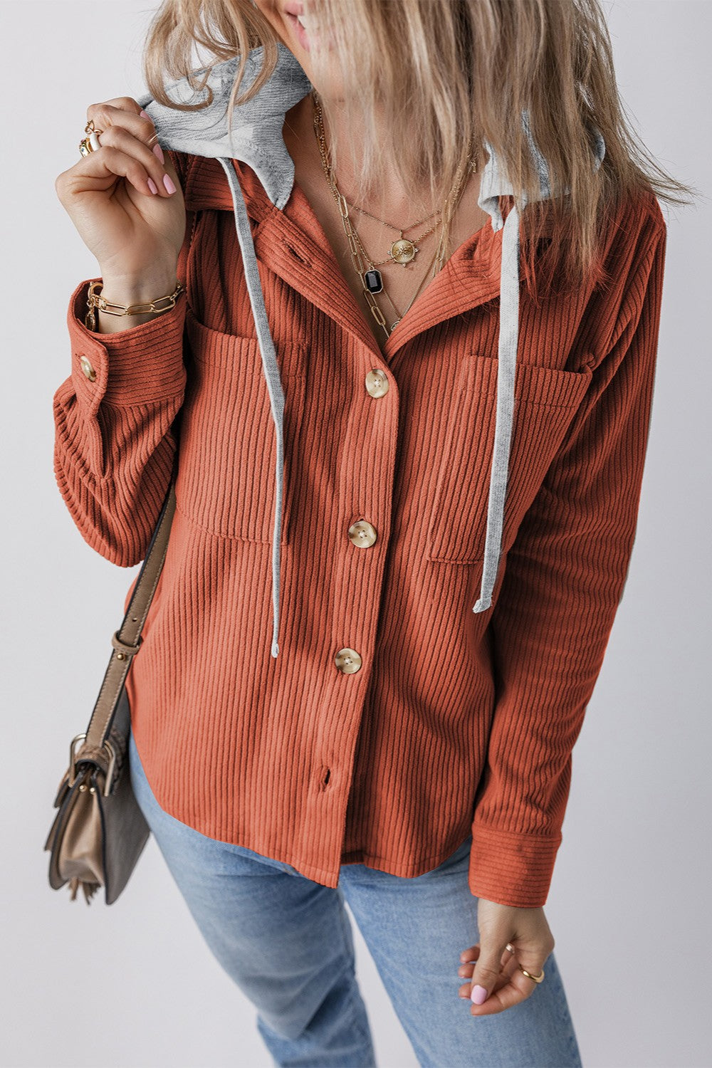 Drawstring Button Up Long Sleeve Hooded Jacket - Charming Charlie