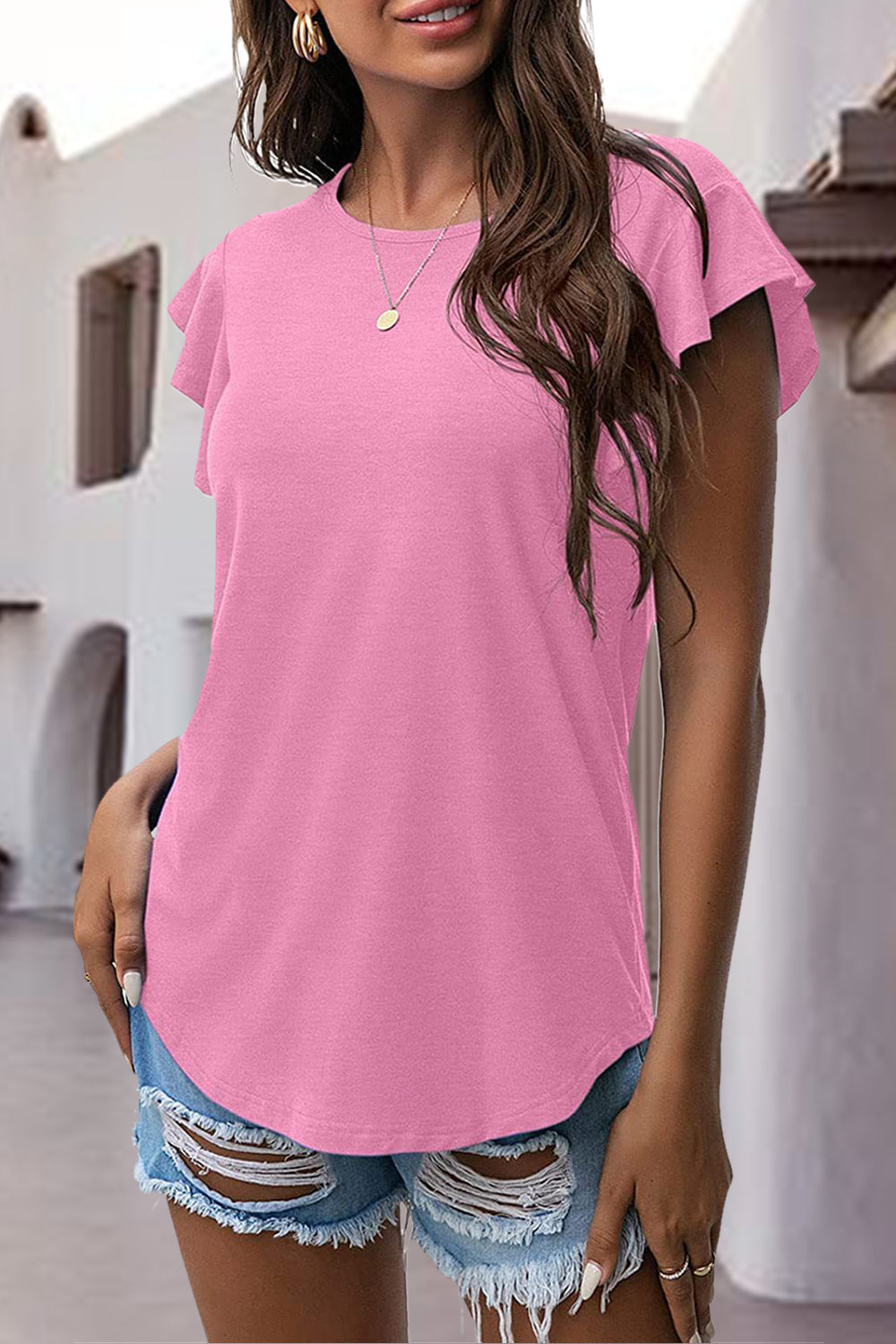 Ruffled Round Neck Cap Sleeve Blouse - Charming Charlie
