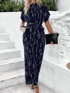 Tied Printed Mock Neck Wide Leg Jumpsuit - Charming Charlie