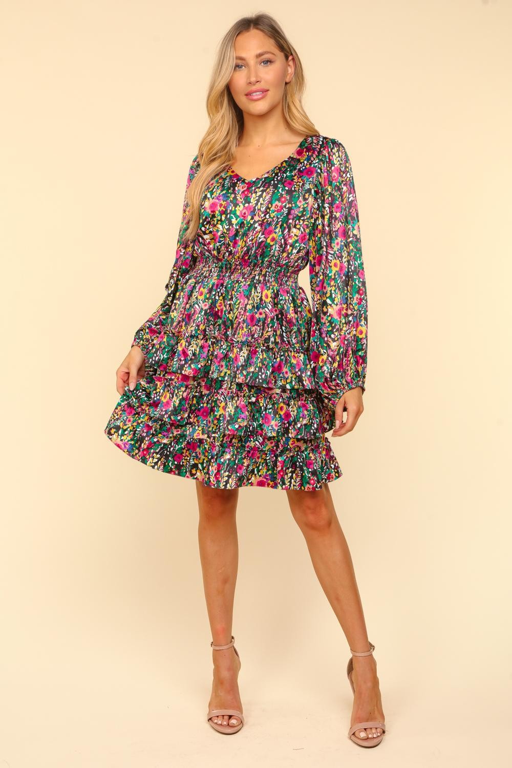 Haptics V-Neck Satin Floral Layered Dress - Charming Charlie