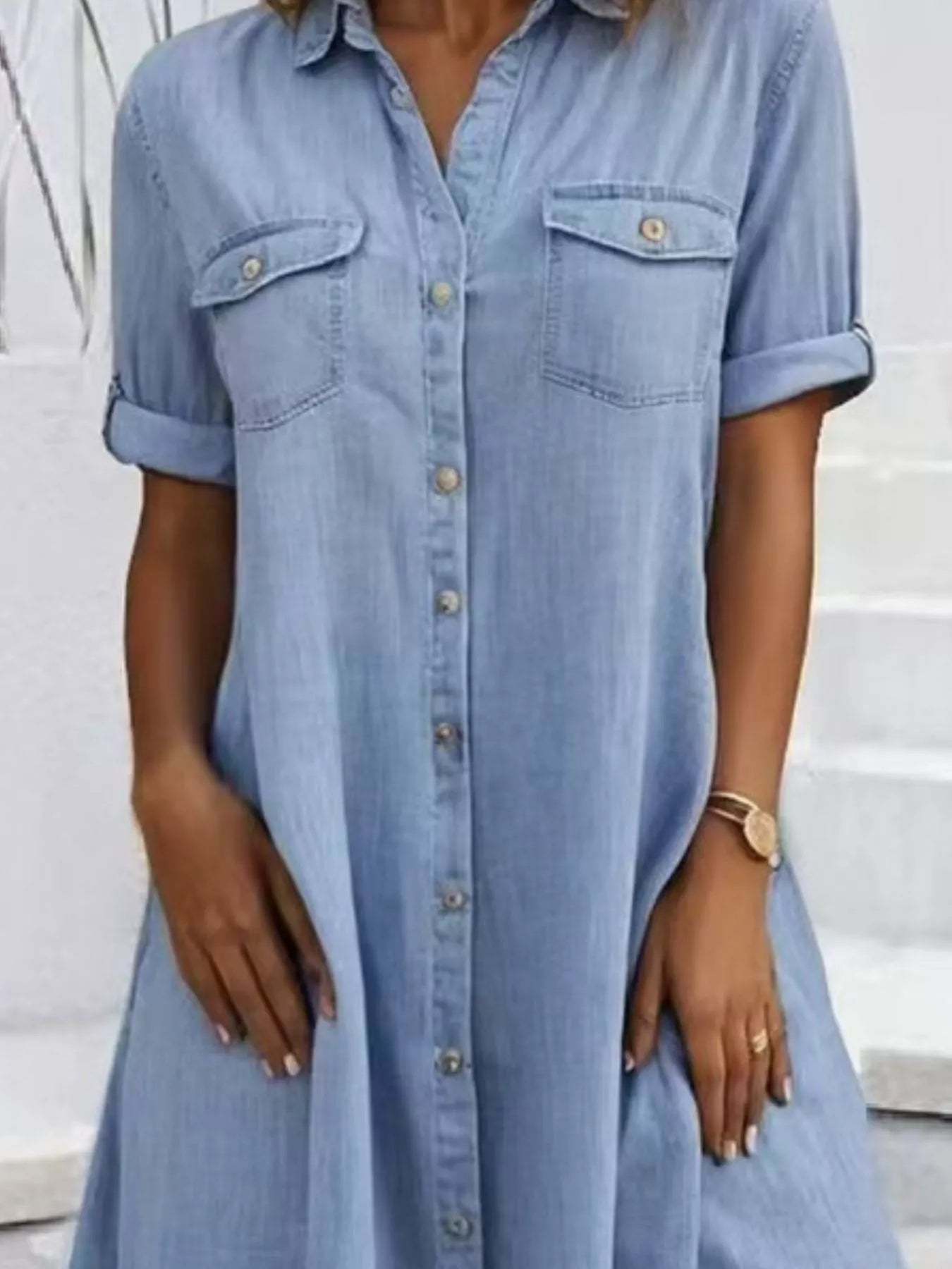 Full Size Button-Front Short Sleeve Denim Dress Plus Size Light Blue / L