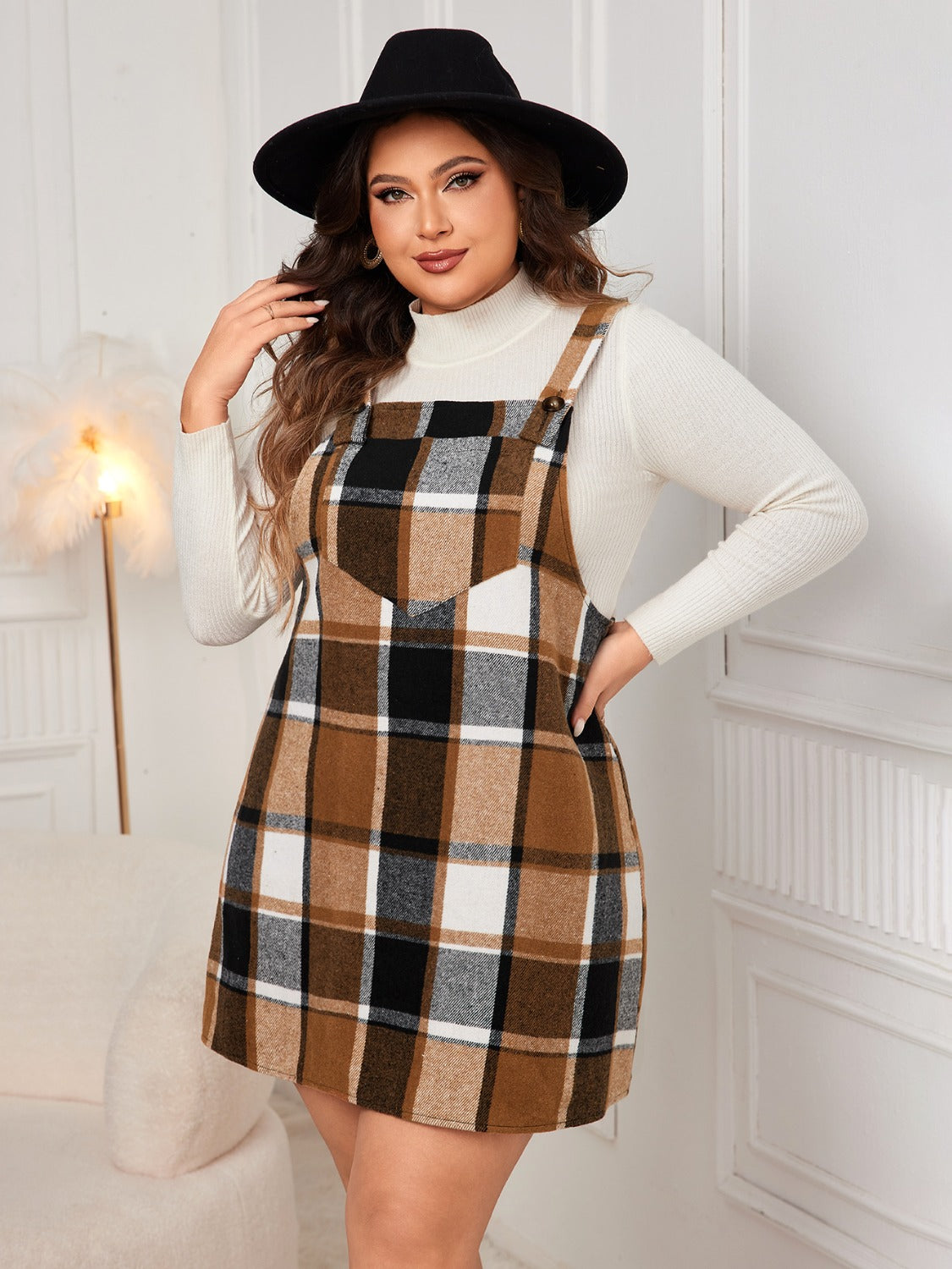 Plus Size Plaid Wide Strap Overall Dress Dark Green / 4XL