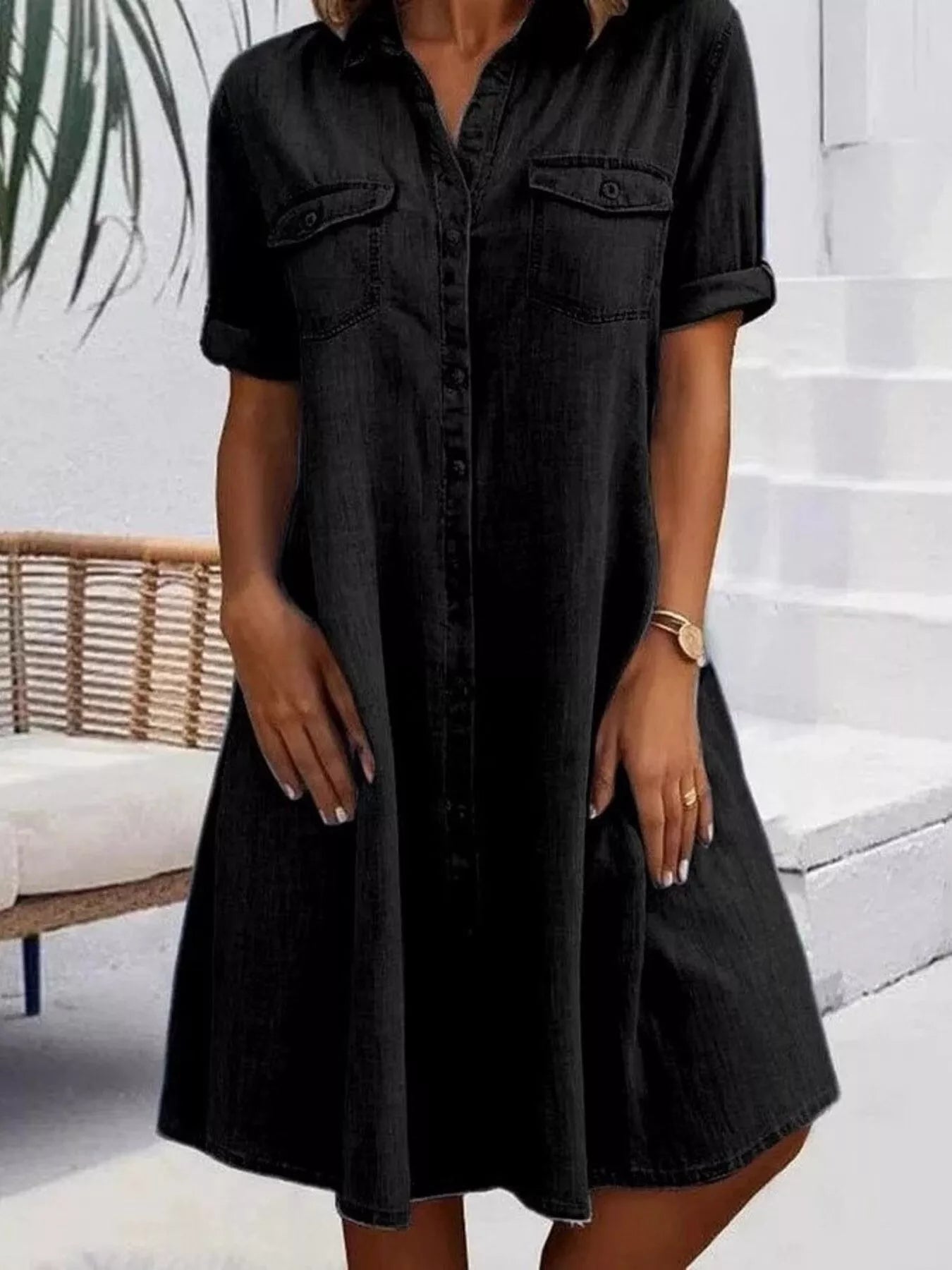 Full Size Button-Front Short Sleeve Denim Dress Plus Size Black / 5XL Full Size Button-Front Short Sleeve Denim Dress Plus Size Black / 5XL