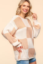 Haptics Full Size Checkered Round Neck Drop Shoulder Sweater - Charming Charlie