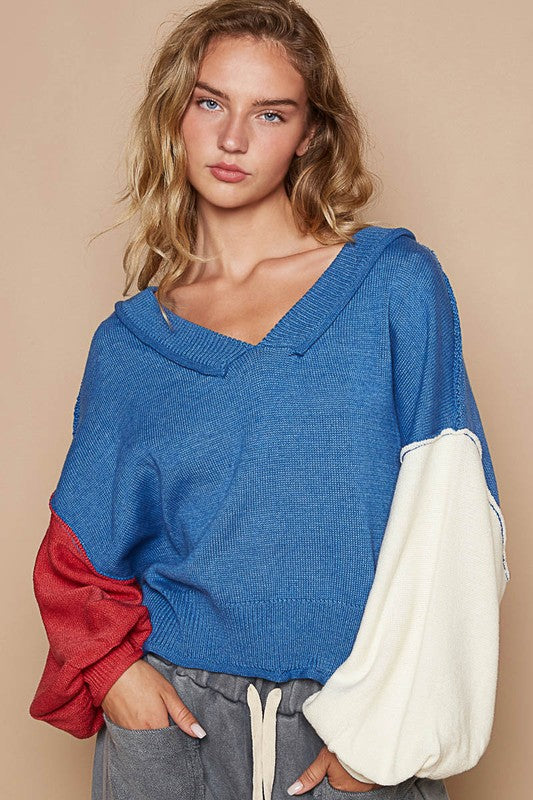 POL Exposed Seam Contrast V-Neck Lantern Sleeve Sweater - Charming Charlie