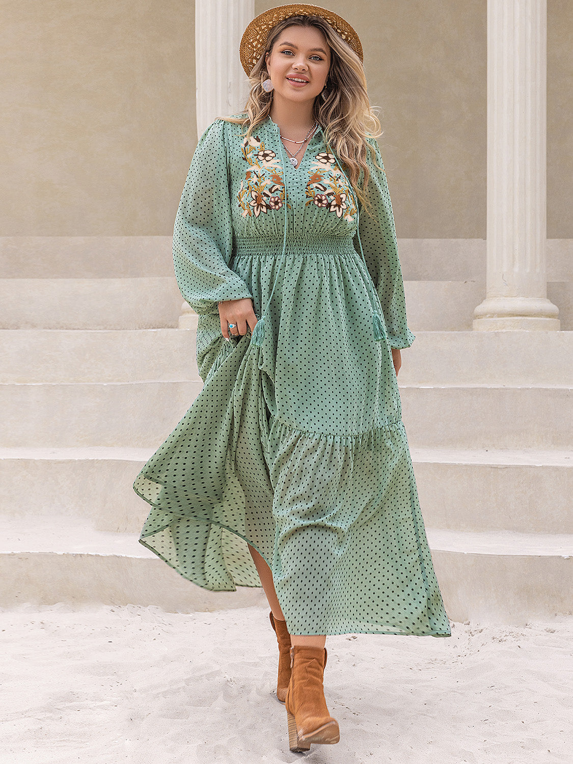 Wholesale MOQ6 Plus Size Tassel Printed Tie Neck Long Sleeve Midi Dress Wholesale MOQ6 Plus Size Tassel Printed Tie Neck Long Sleeve Midi Dress