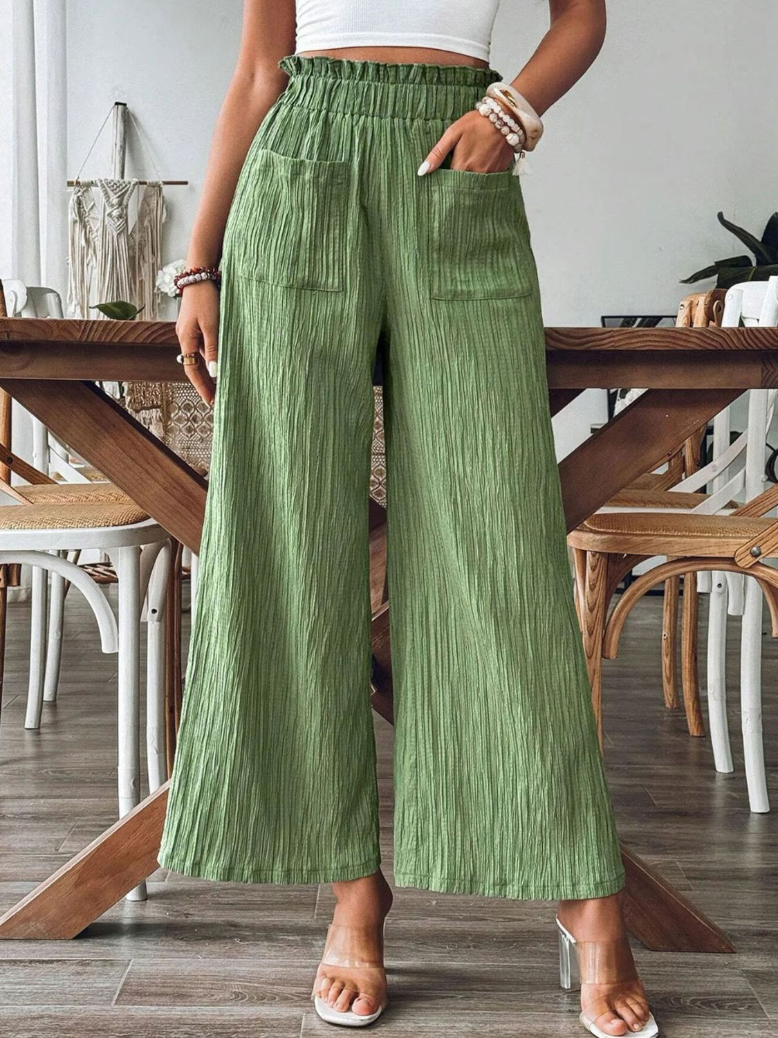 Pocketed Elastic Waist Wide Leg Pants - Charming Charlie