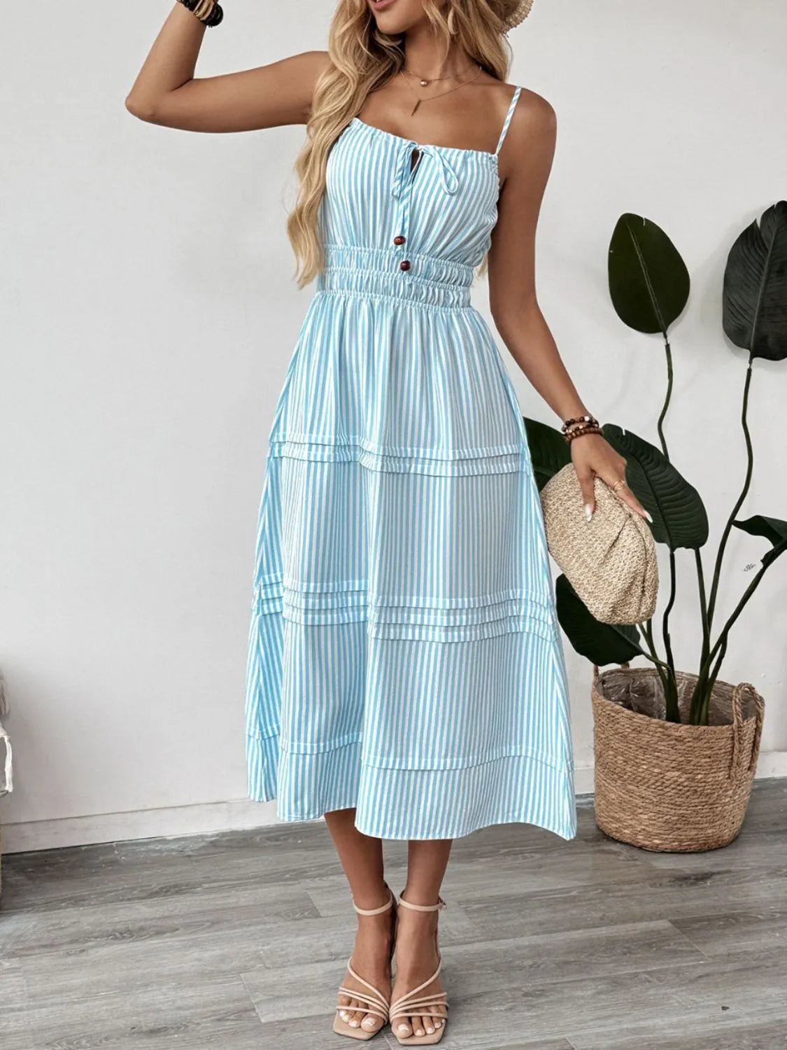 thin strap midi dress Striped Spaghetti Strap Midi Dress Pastel Blue / M