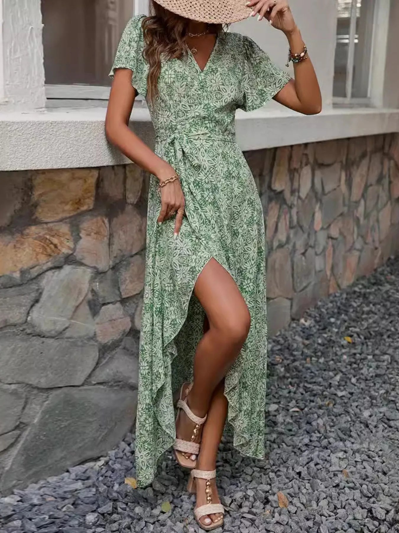 garnet hill modern surplice maxi dress Printed Surplice Maxi Dress with Flutter Sleeves Green / S