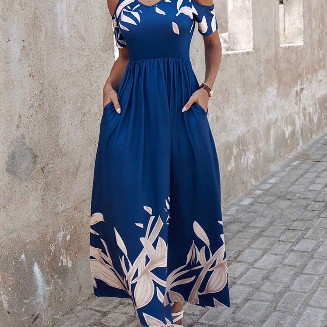 maxi dresses for women with short sleeves Printed Cold Shoulder Short Sleeve Maxi Dress – Charming Charlie