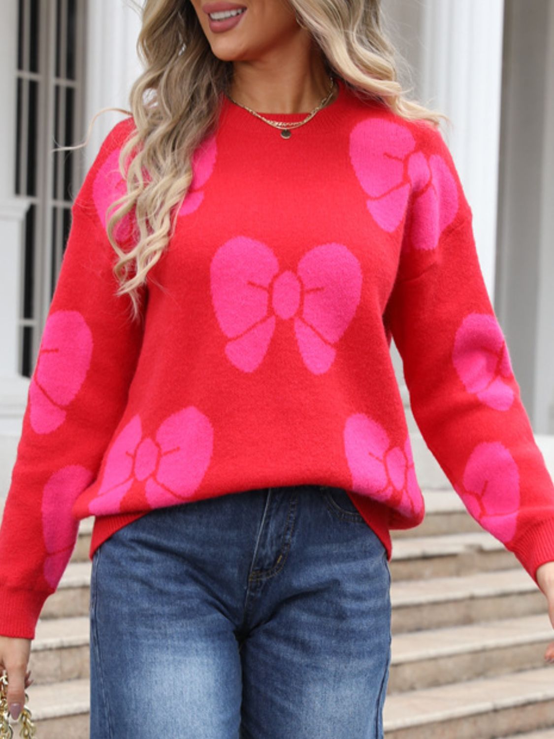Bow Round Neck Dropped Shoulder Sweater - Charming Charlie