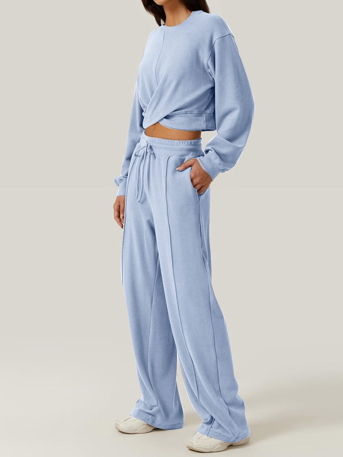 Crisscross Round Neck Top and Drawstring Pants Set - Charming Charlie