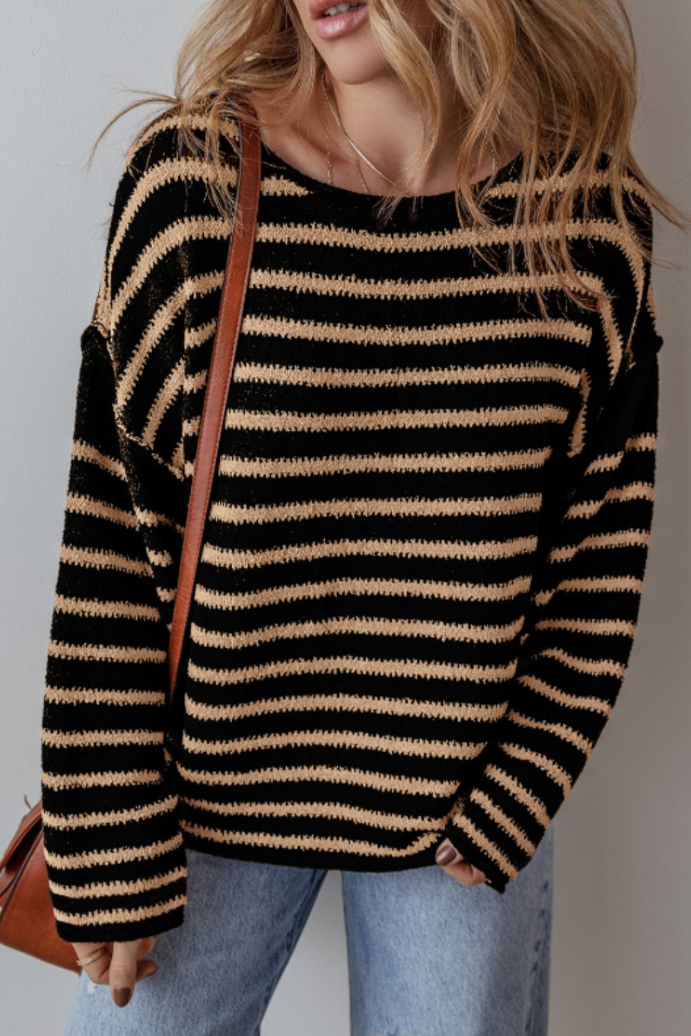 Stripe Drop Shoulder Round Neck Sweater - Charming Charlie