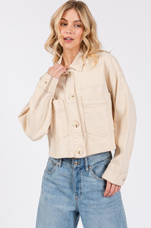 bytos Button Down Cropped Denim Jacket with Patch Pockets - Charming Charlie