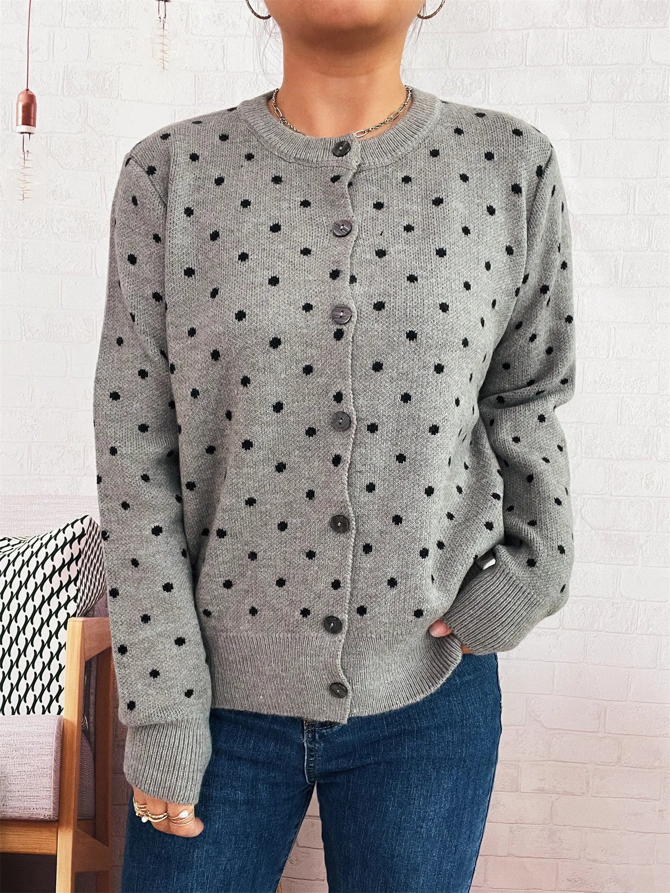 Polka Dot Button-Up Cardigan Gray / One Size, image size:1350x1800
